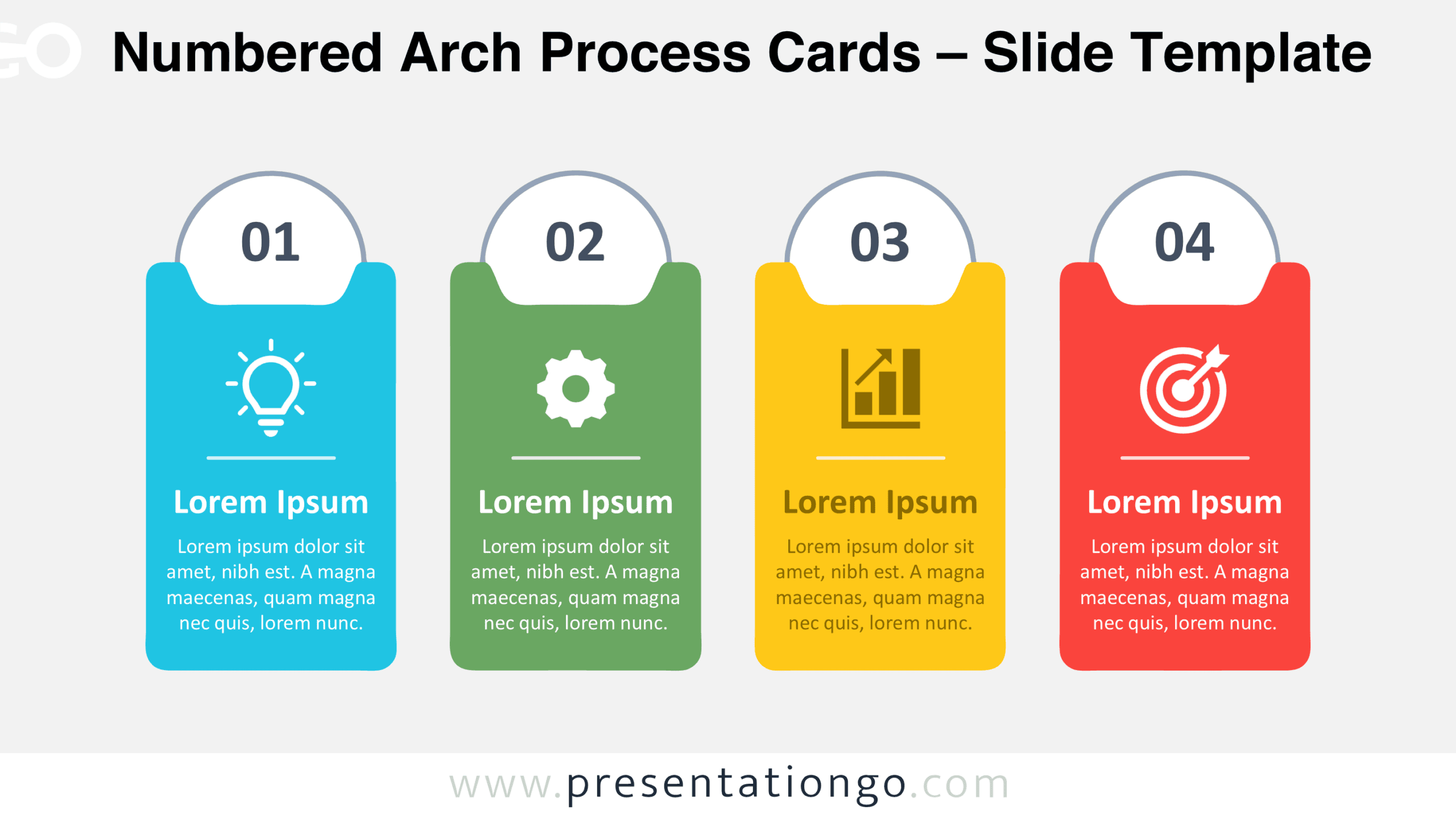 Numbered Arch Process Cards for PowerPoint and Google Slides with four editable stages, icons, headings, and text blocks.