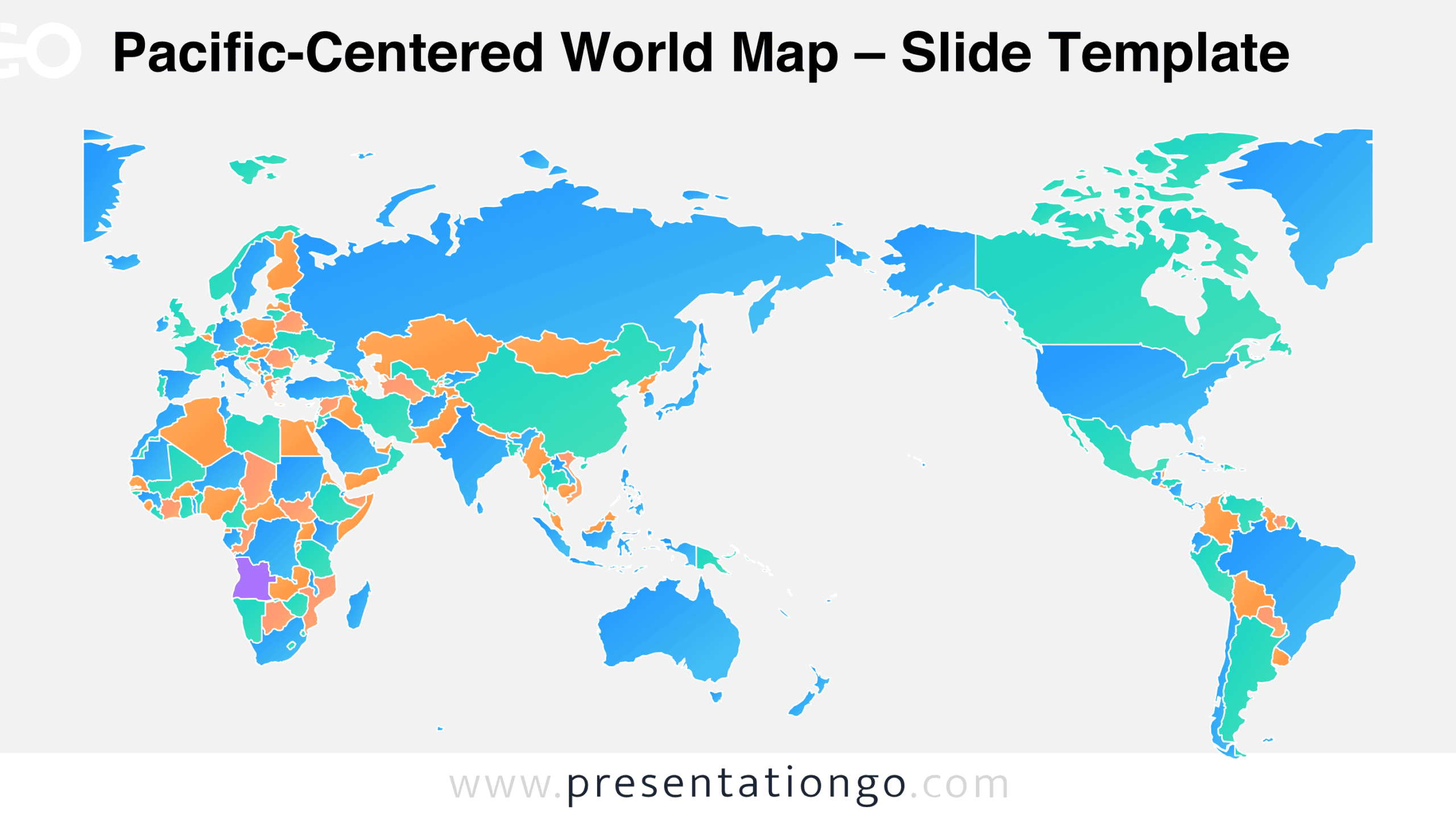 Pacific-Centered World Map for PowerPoint and Google Slides showing countries around the Pacific Ocean with defined borders.