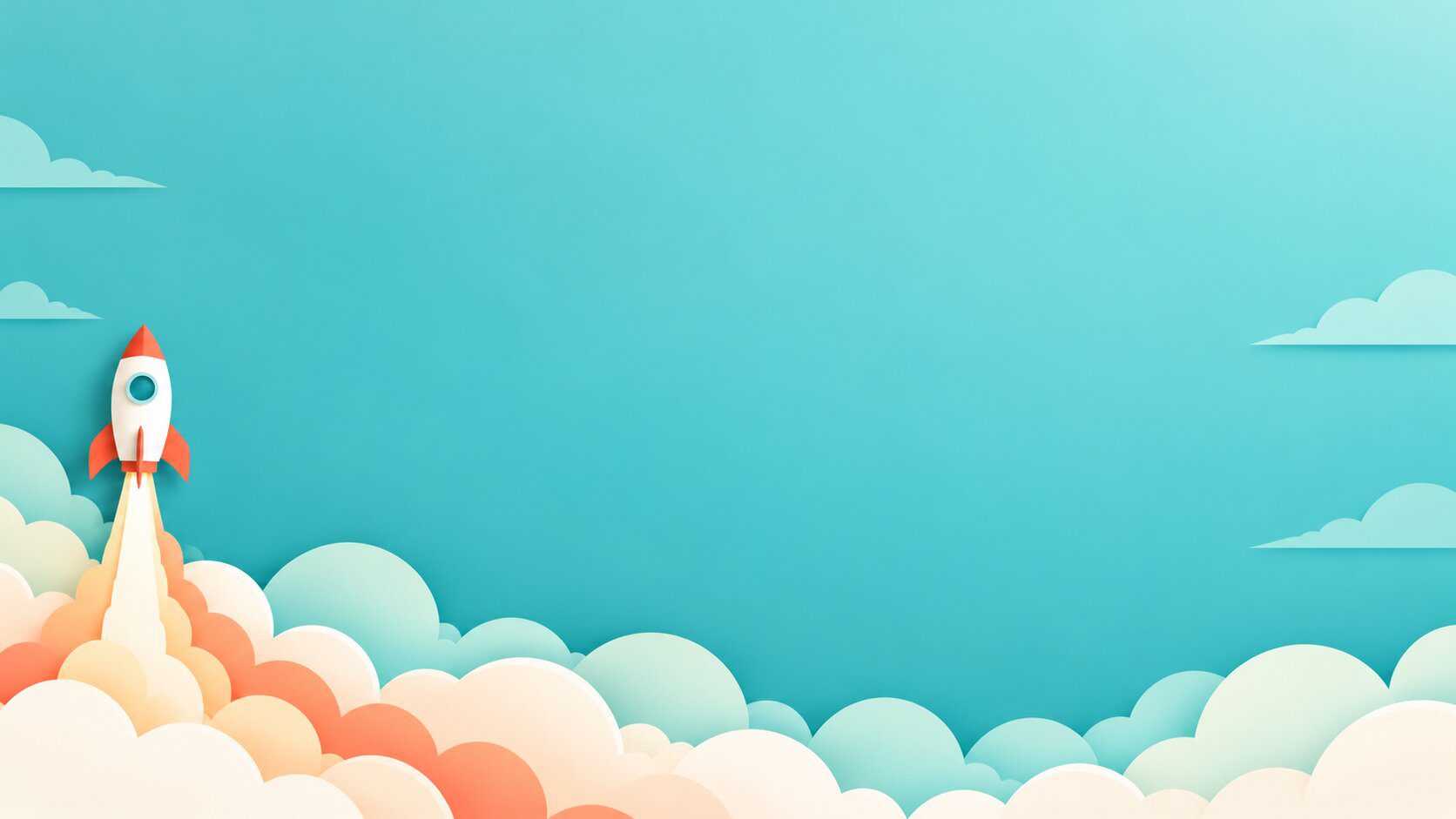 Minimal paper-cut rocket and pastel clouds frame a turquoise slide background with open space for titles and text.